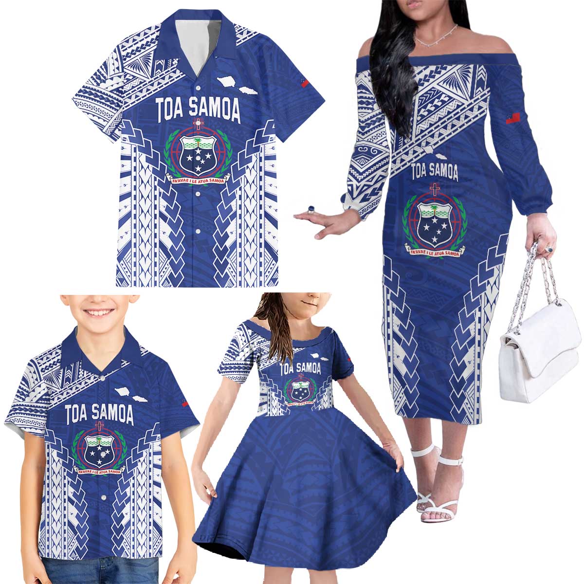 Toa Samoa Rugby Custom Family Matching Off The Shoulder Long Sleeve Dress and Hawaiian Shirt Go Champions Pacific Samoan Pattern LT14 - Polynesian Pride