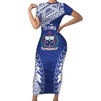 Toa Samoa Rugby Custom Family Matching Short Sleeve Bodycon Dress and Hawaiian Shirt Go Champions Pacific Samoan Pattern LT14 Mom's Dress Blue - Polynesian Pride