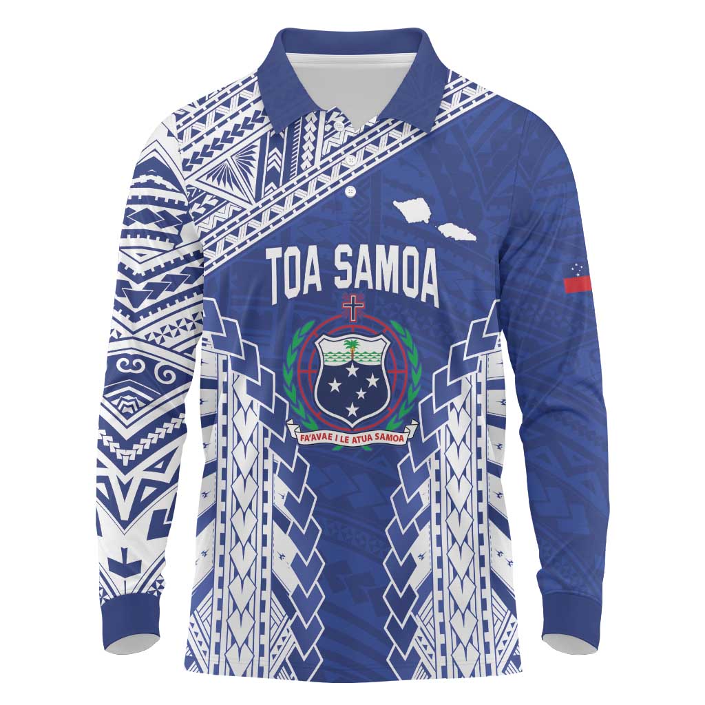 Toa Samoa Rugby Custom Long Sleeve Polo Shirt Go Champions Pacific Samoan Pattern LT14 Blue - Polynesian Pride