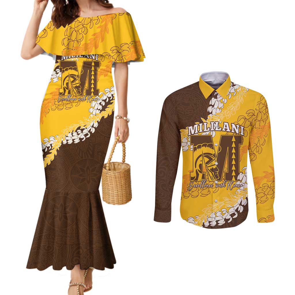 Personalized Mililani Hawaii High School Couples Matching Mermaid Dress and Long Sleeve Button Shirt Puakenikeni Lei Hawaiian Pattern LT14 Yellow - Polynesian Pride