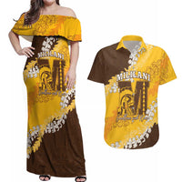 Personalized Mililani Hawaii High School Couples Matching Off Shoulder Maxi Dress and Hawaiian Shirt Puakenikeni Lei Hawaiian Pattern LT14 Yellow - Polynesian Pride
