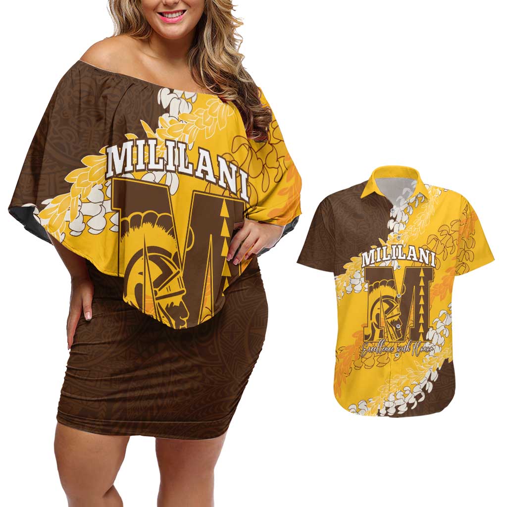 Personalized Mililani Hawaii High School Couples Matching Off Shoulder Short Dress and Hawaiian Shirt Puakenikeni Lei Hawaiian Pattern LT14 Yellow - Polynesian Pride