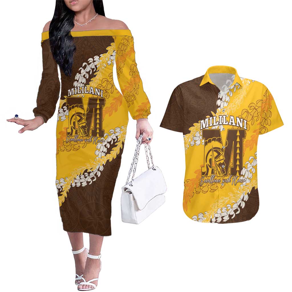 Personalized Mililani Hawaii High School Couples Matching Off The Shoulder Long Sleeve Dress and Hawaiian Shirt Puakenikeni Lei Hawaiian Pattern LT14 Yellow - Polynesian Pride