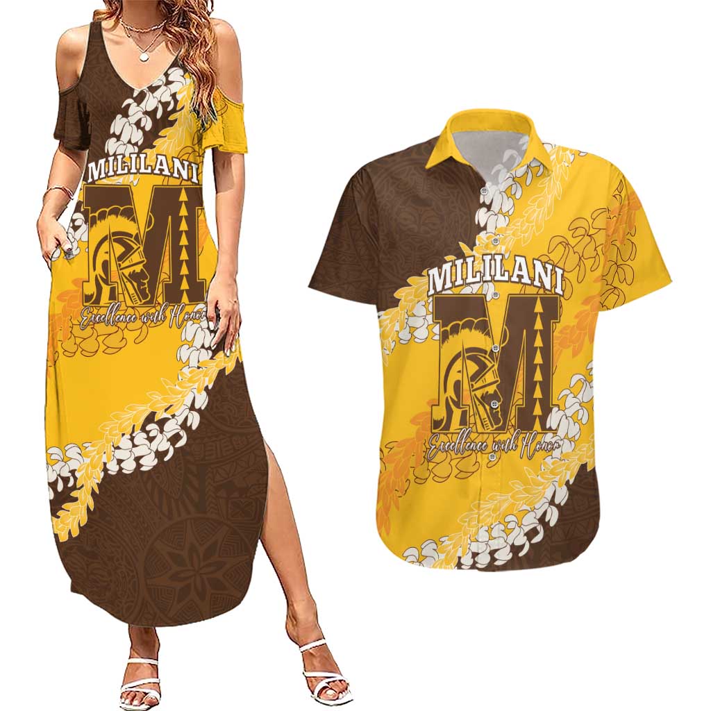 Personalized Mililani Hawaii High School Couples Matching Summer Maxi Dress and Hawaiian Shirt Puakenikeni Lei Hawaiian Pattern LT14 Yellow - Polynesian Pride