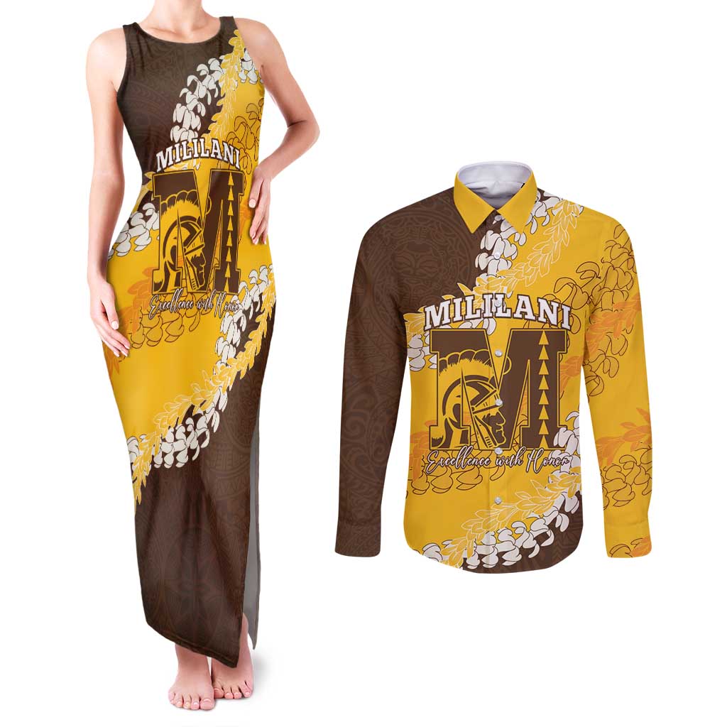 Personalized Mililani Hawaii High School Couples Matching Tank Maxi Dress and Long Sleeve Button Shirt Puakenikeni Lei Hawaiian Pattern LT14 Yellow - Polynesian Pride