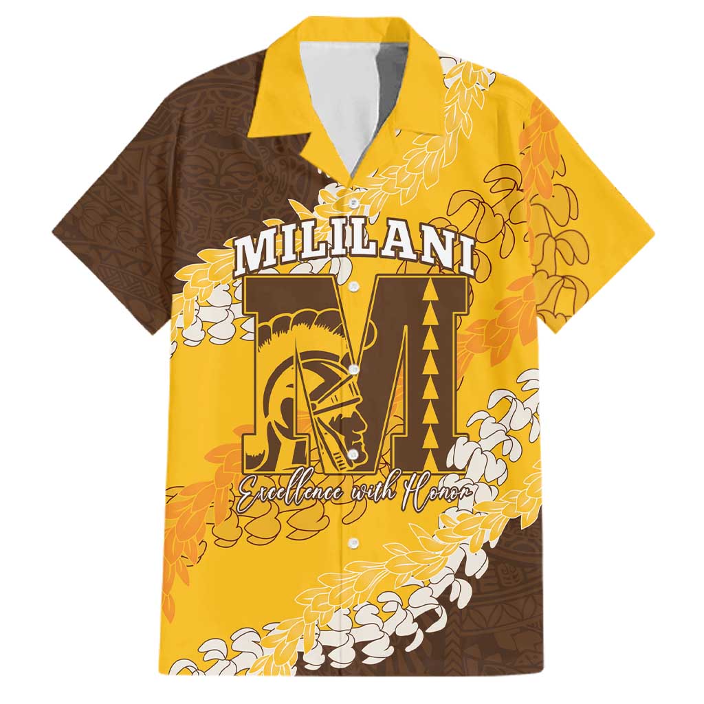 Personalized Mililani Hawaii High School Family Matching Off The Shoulder Long Sleeve Dress and Hawaiian Shirt Puakenikeni Lei Hawaiian Pattern LT14 Dad's Shirt - Short Sleeve Yellow - Polynesian Pride