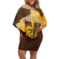 Personalized Mililani Hawaii High School Family Matching Off Shoulder Short Dress and Hawaiian Shirt Puakenikeni Lei Hawaiian Pattern LT14 Mom's Dress Yellow - Polynesian Pride