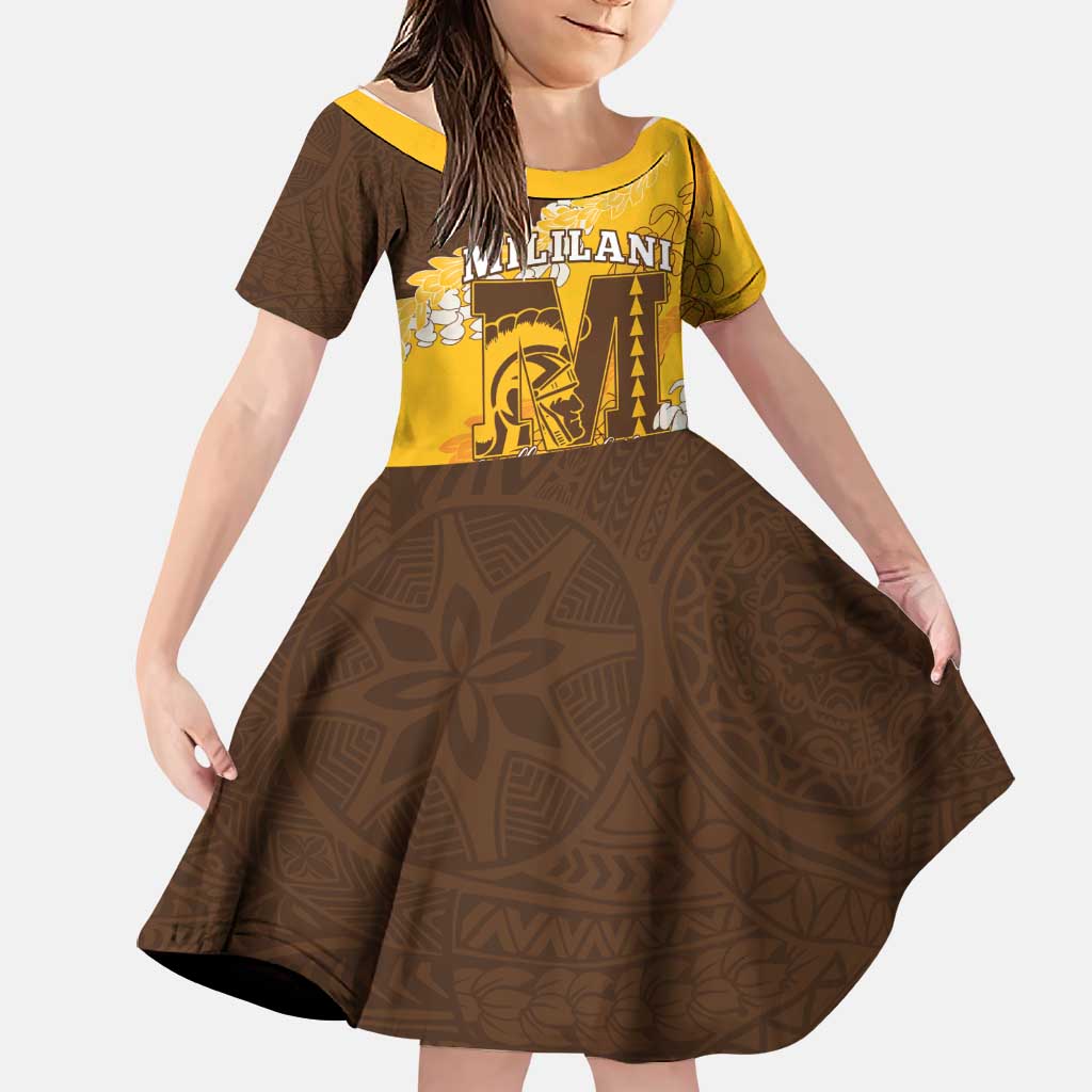 Personalized Mililani Hawaii High School Family Matching Short Sleeve Bodycon Dress and Hawaiian Shirt Puakenikeni Lei Hawaiian Pattern LT14 Daughter's Dress Yellow - Polynesian Pride