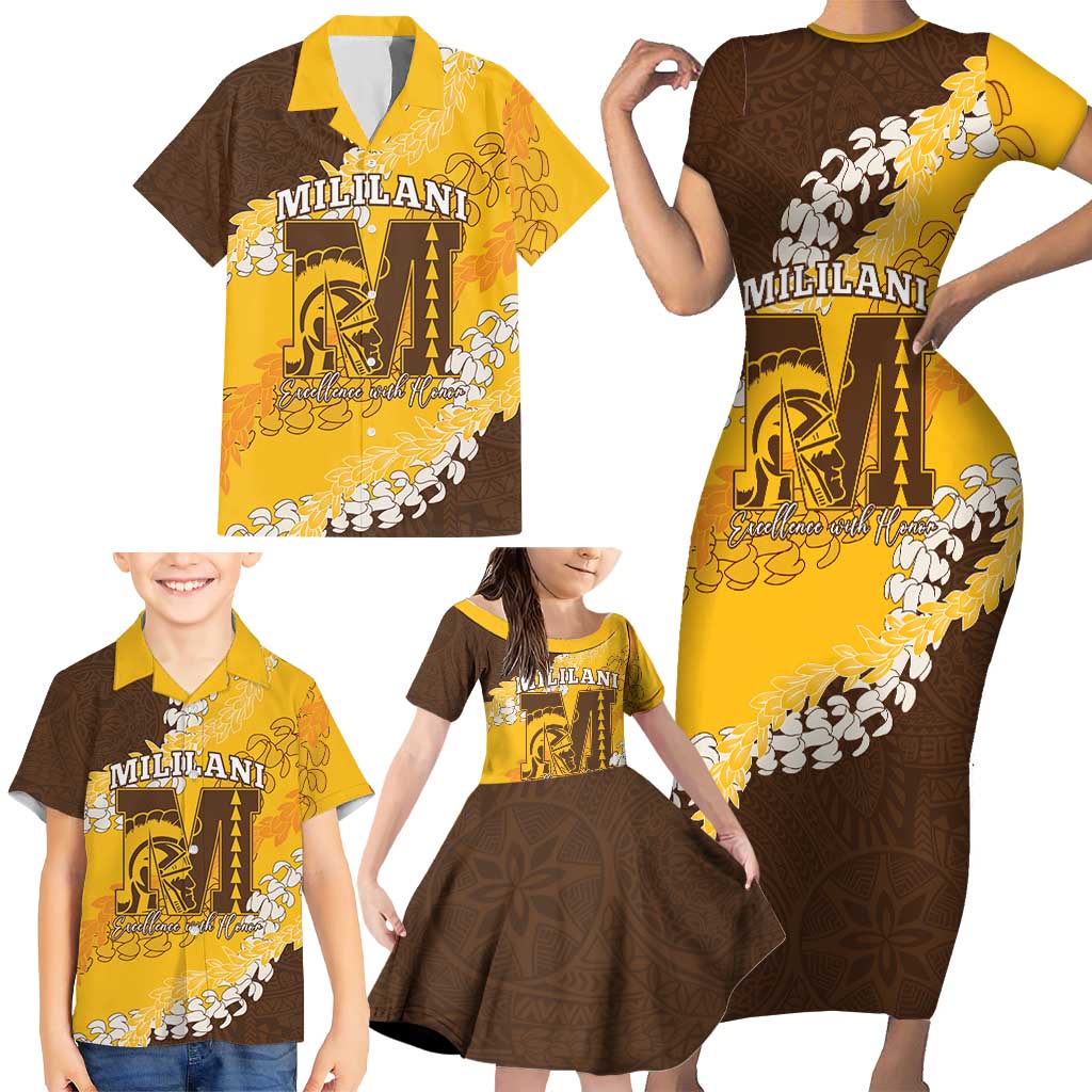 Personalized Mililani Hawaii High School Family Matching Short Sleeve Bodycon Dress and Hawaiian Shirt Puakenikeni Lei Hawaiian Pattern - Polynesian Pride