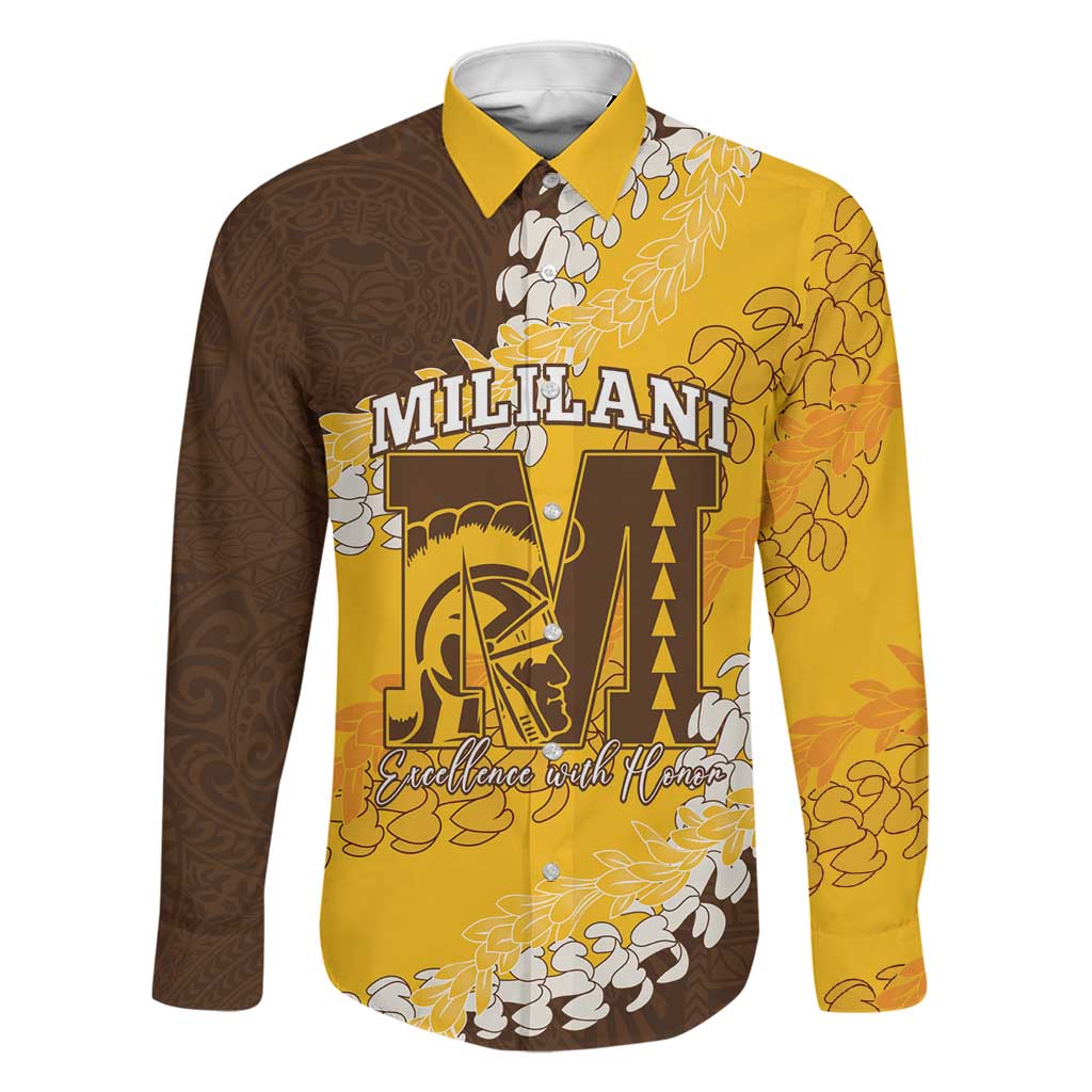 Personalized Mililani Hawaii High School Family Matching Summer Maxi Dress and Hawaiian Shirt Puakenikeni Lei Hawaiian Pattern LT14 Dad's Shirt - Long Sleeve Yellow - Polynesian Pride