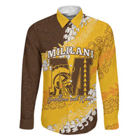 Personalized Mililani Hawaii High School Family Matching Tank Maxi Dress and Hawaiian Shirt Puakenikeni Lei Hawaiian Pattern LT14 Dad's Shirt - Long Sleeve Yellow - Polynesian Pride