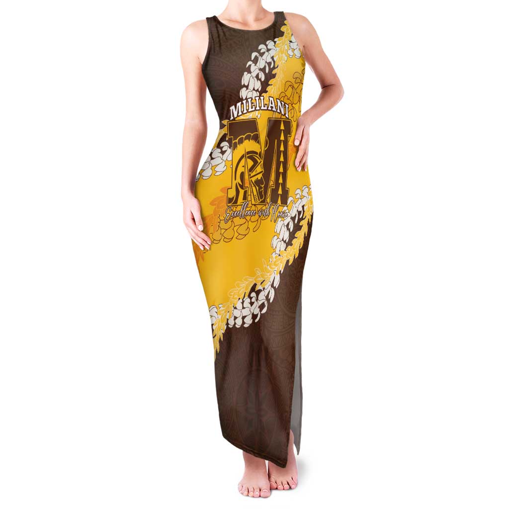 Personalized Mililani Hawaii High School Family Matching Tank Maxi Dress and Hawaiian Shirt Puakenikeni Lei Hawaiian Pattern LT14 Mom's Dress Yellow - Polynesian Pride