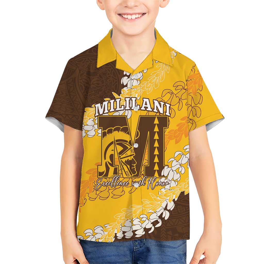 Personalized Mililani Hawaii High School Family Matching Tank Maxi Dress and Hawaiian Shirt Puakenikeni Lei Hawaiian Pattern LT14 Son's Shirt Yellow - Polynesian Pride