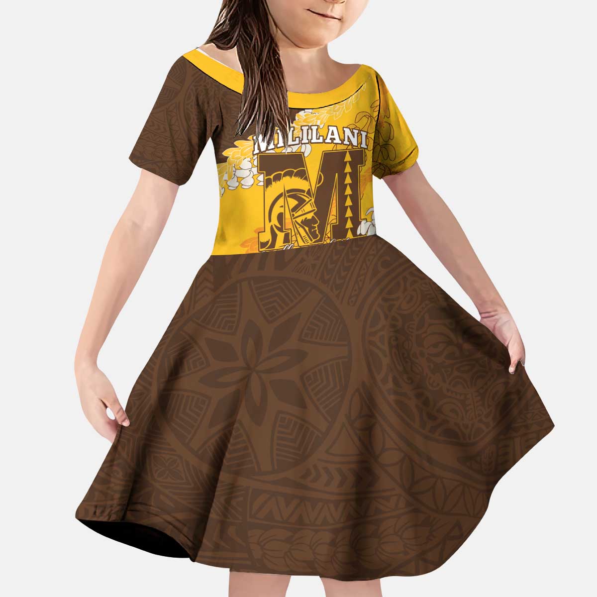 Personalized Mililani Hawaii High School Kid Short Sleeve Dress Puakenikeni Lei Hawaiian Pattern - Polynesian Pride
