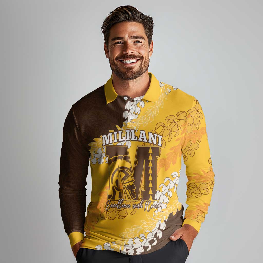 Personalized Mililani Hawaii High School Long Sleeve Polo Shirt Puakenikeni Lei Hawaiian Pattern LT14 - Polynesian Pride