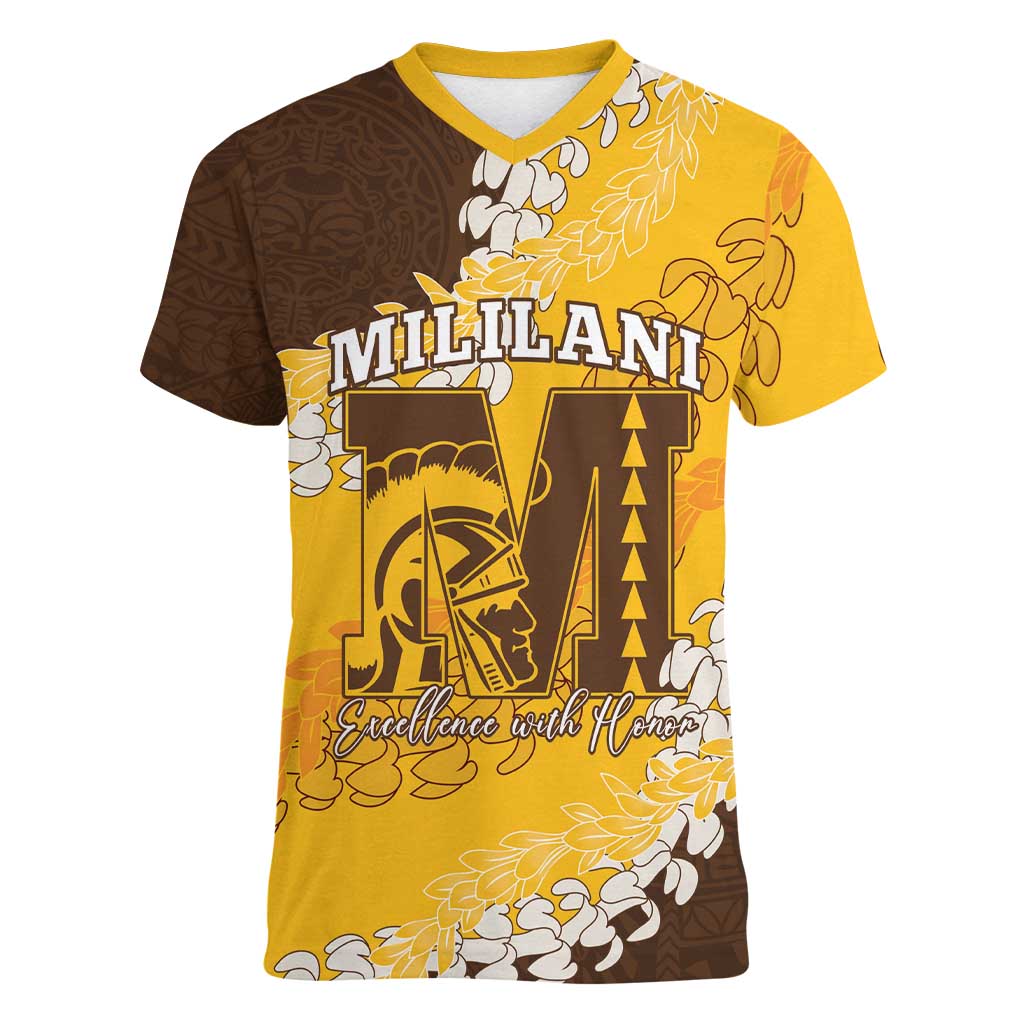 Personalized Mililani Hawaii High School Women V-Neck T-Shirt Puakenikeni Lei Hawaiian Pattern - Polynesian Pride