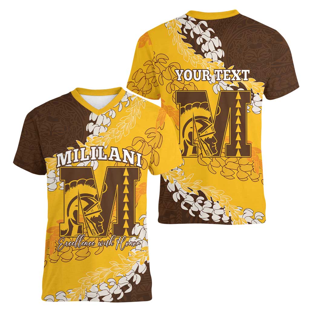 Personalized Mililani Hawaii High School Women V-Neck T-Shirt Puakenikeni Lei Hawaiian Pattern - Polynesian Pride