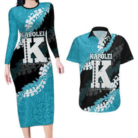Personalized Kapolei Hawaii High School Couples Matching Long Sleeve Bodycon Dress and Hawaiian Shirt Puakenikeni Lei Hawaiian Pattern LT14 Teal - Polynesian Pride