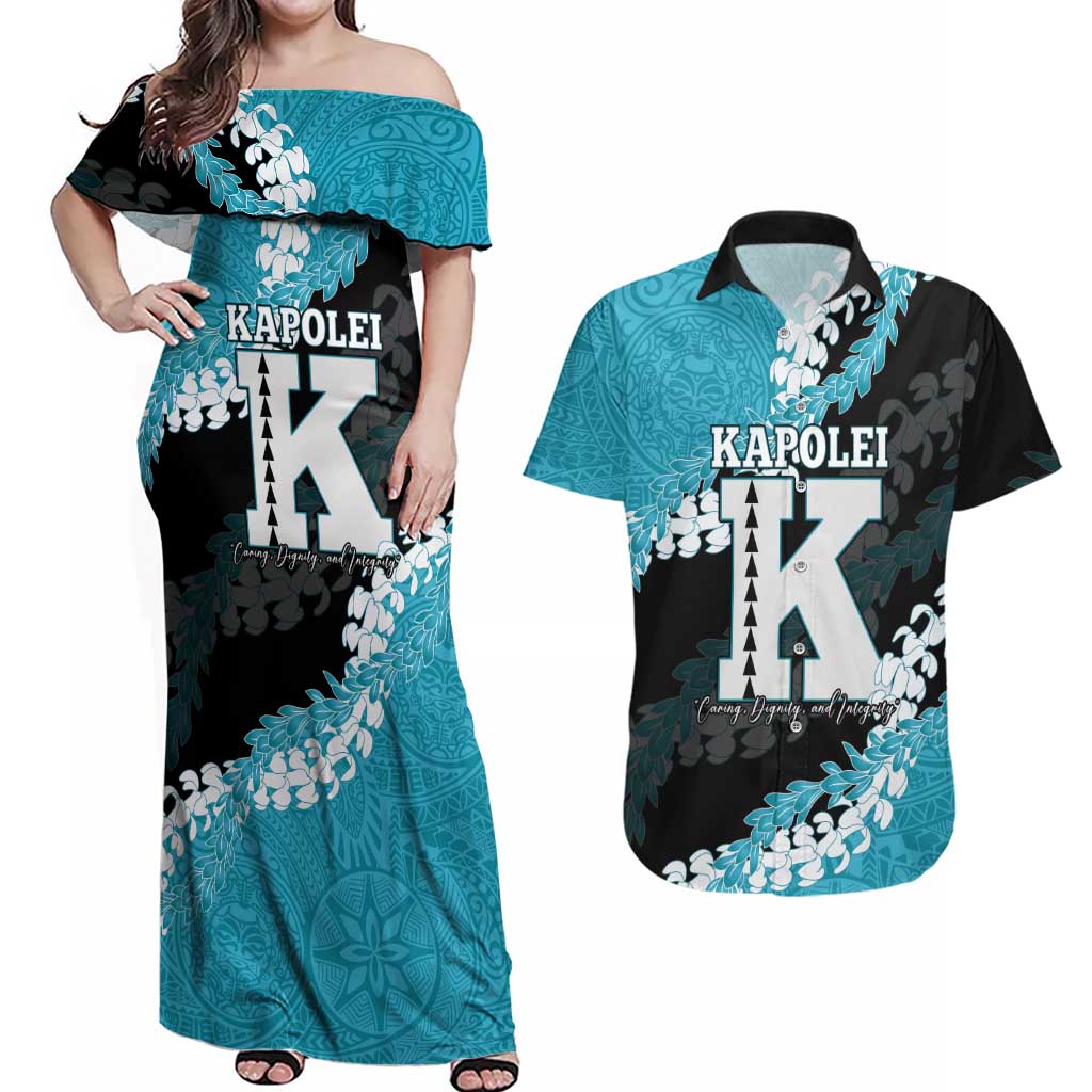 Personalized Kapolei Hawaii High School Couples Matching Off Shoulder Maxi Dress and Hawaiian Shirt Puakenikeni Lei Hawaiian Pattern LT14 Teal - Polynesian Pride