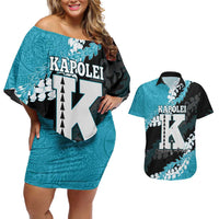 Personalized Kapolei Hawaii High School Couples Matching Off Shoulder Short Dress and Hawaiian Shirt Puakenikeni Lei Hawaiian Pattern LT14 Teal - Polynesian Pride