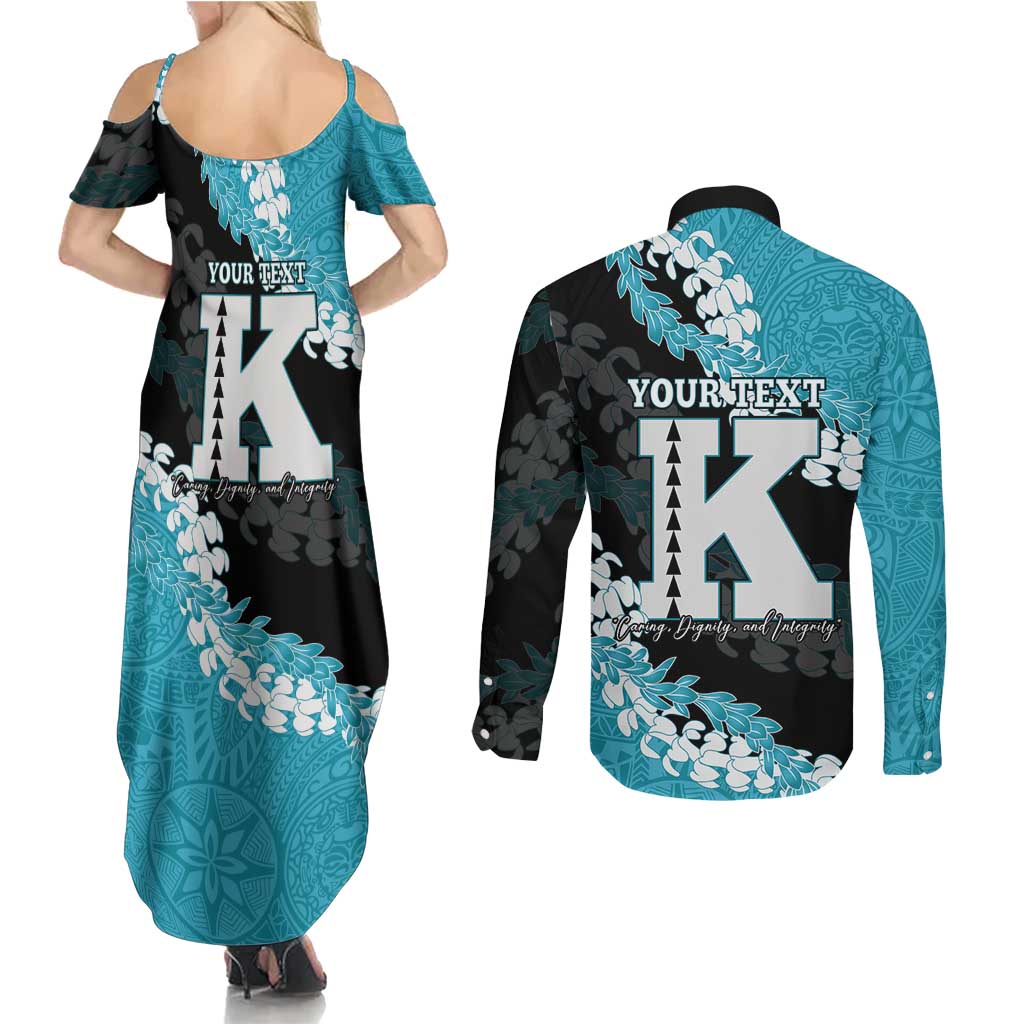 Personalized Kapolei Hawaii High School Couples Matching Summer Maxi Dress and Long Sleeve Button Shirt Puakenikeni Lei Hawaiian Pattern - Polynesian Pride