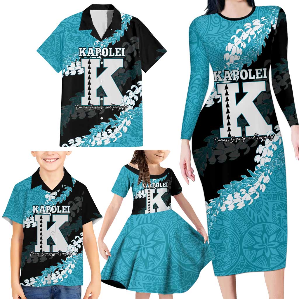 Personalized Kapolei Hawaii High School Family Matching Long Sleeve Bodycon Dress and Hawaiian Shirt Puakenikeni Lei Hawaiian Pattern - Polynesian Pride