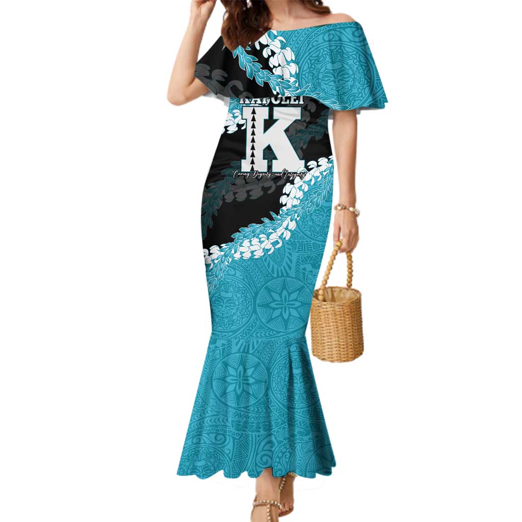 Personalized Kapolei Hawaii High School Family Matching Mermaid Dress and Hawaiian Shirt Puakenikeni Lei Hawaiian Pattern LT14 Mom's Dress Teal - Polynesian Pride