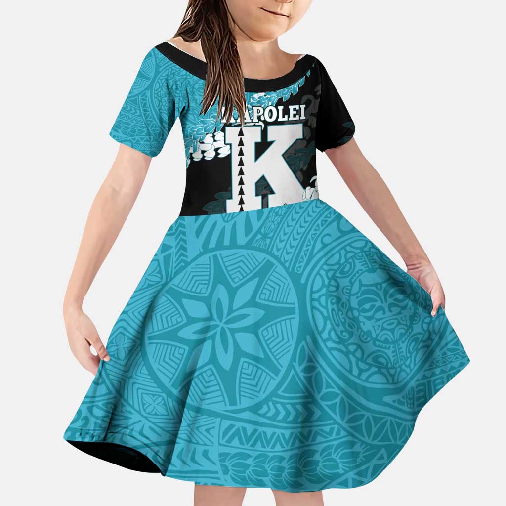 Personalized Kapolei Hawaii High School Family Matching Off The Shoulder Long Sleeve Dress and Hawaiian Shirt Puakenikeni Lei Hawaiian Pattern LT14 Daughter's Dress Teal - Polynesian Pride