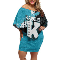 Personalized Kapolei Hawaii High School Family Matching Off Shoulder Short Dress and Hawaiian Shirt Puakenikeni Lei Hawaiian Pattern LT14 Mom's Dress Teal - Polynesian Pride