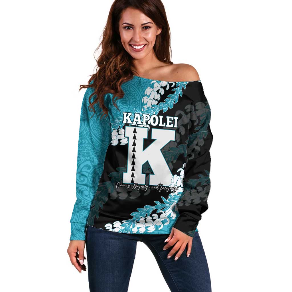 Personalized Kapolei Hawaii High School Off Shoulder Sweater Puakenikeni Lei Hawaiian Pattern LT14 Women Teal - Polynesian Pride