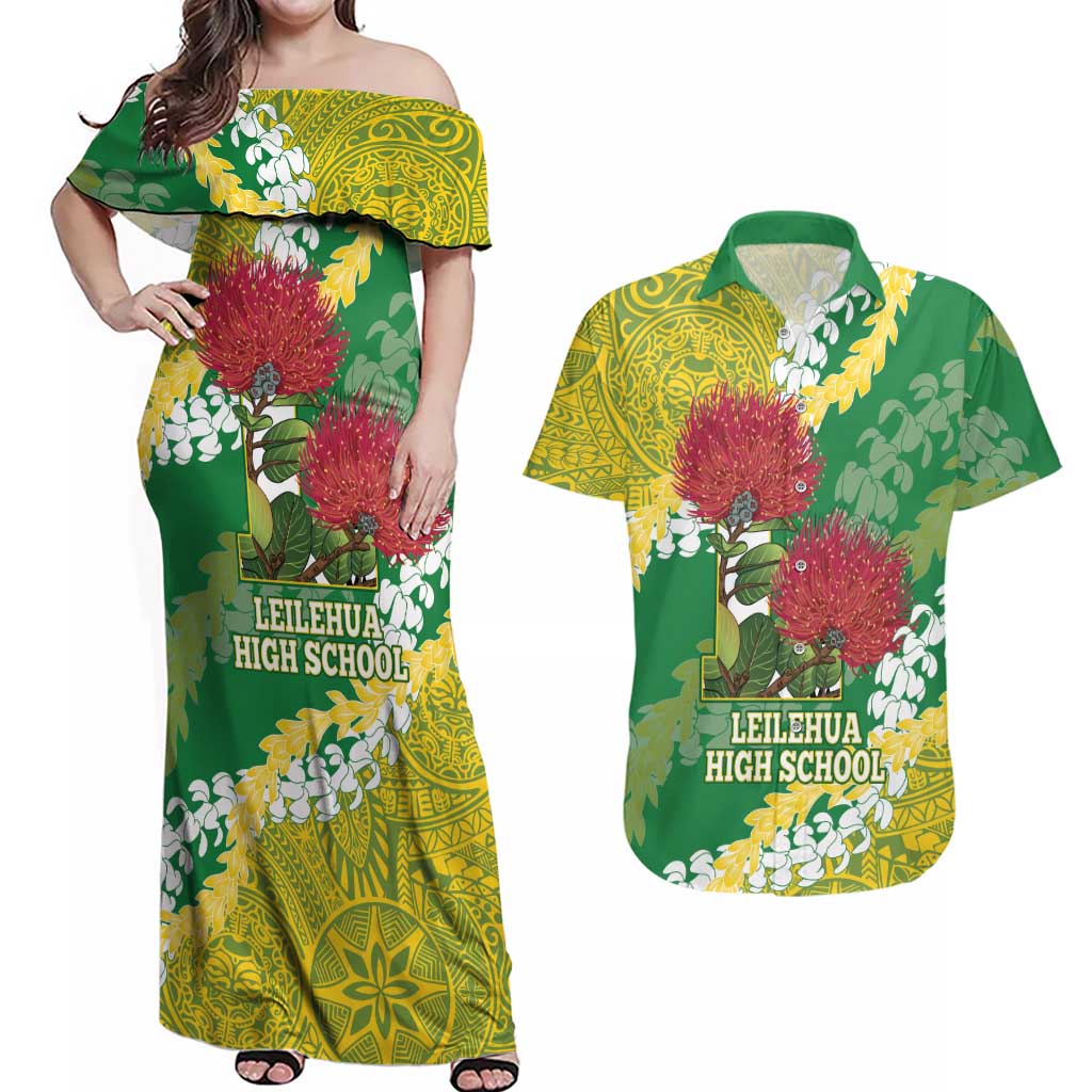 Personalized Leilehua Hawaii High School Couples Matching Off Shoulder Maxi Dress and Hawaiian Shirt Puakenikeni Lei Hawaiian Pattern LT14 Green - Polynesian Pride