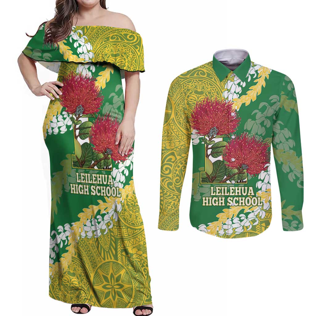 Personalized Leilehua Hawaii High School Couples Matching Off Shoulder Maxi Dress and Long Sleeve Button Shirt Puakenikeni Lei Hawaiian Pattern LT14 Green - Polynesian Pride