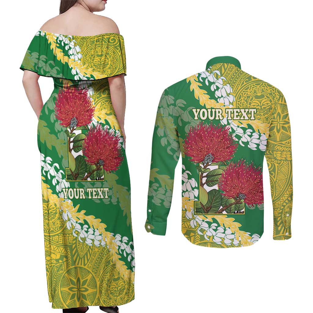 Personalized Leilehua Hawaii High School Couples Matching Off Shoulder Maxi Dress and Long Sleeve Button Shirt Puakenikeni Lei Hawaiian Pattern LT14 - Polynesian Pride
