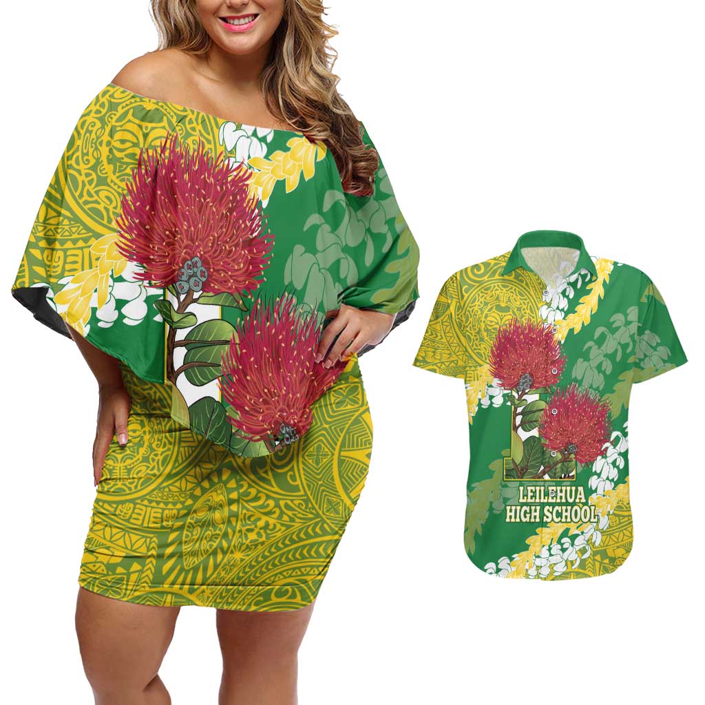 Personalized Leilehua Hawaii High School Couples Matching Off Shoulder Short Dress and Hawaiian Shirt Puakenikeni Lei Hawaiian Pattern LT14 Green - Polynesian Pride