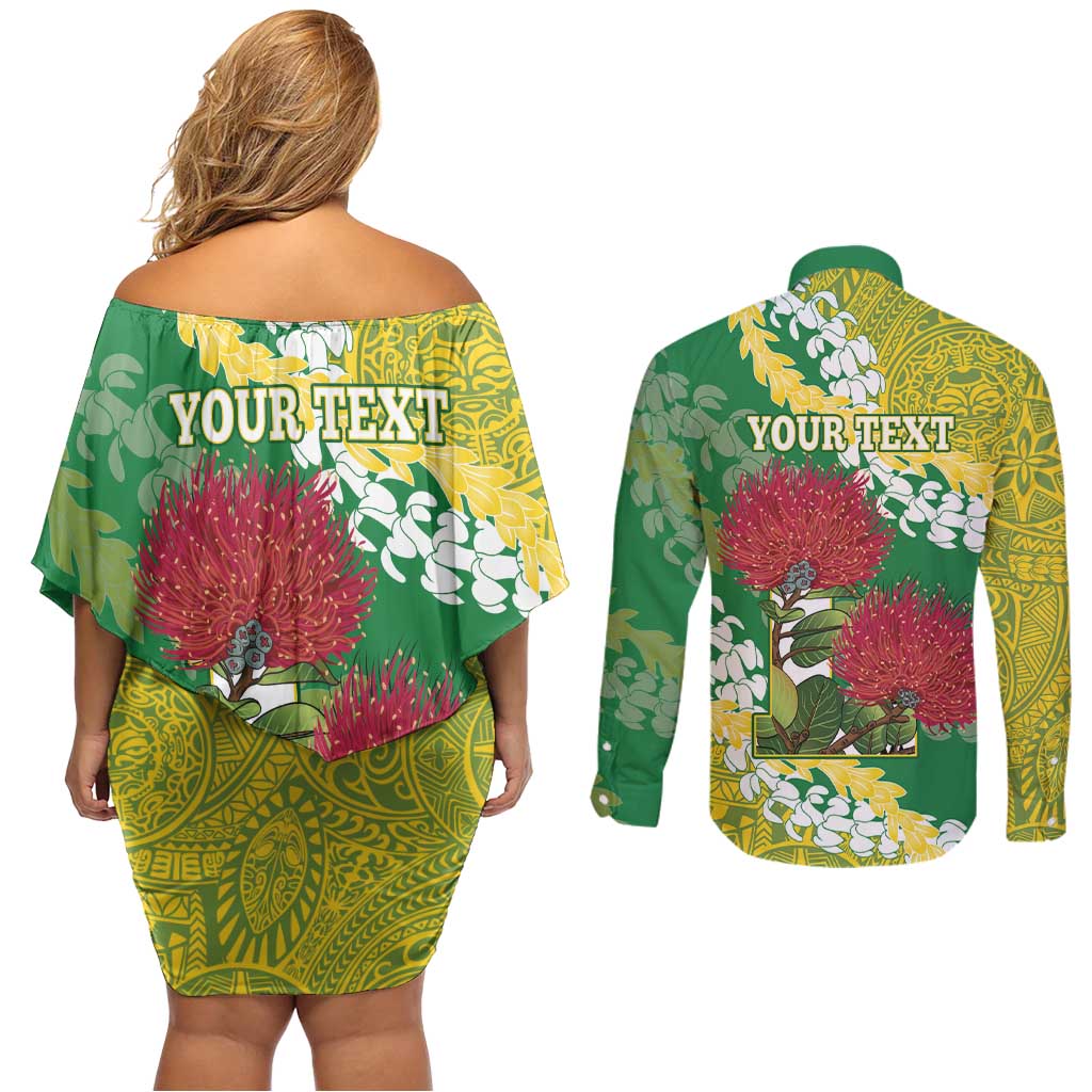 Personalized Leilehua Hawaii High School Couples Matching Off Shoulder Short Dress and Long Sleeve Button Shirt Puakenikeni Lei Hawaiian Pattern LT14 - Polynesian Pride
