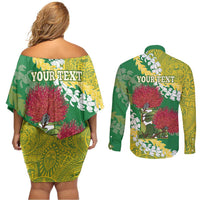 Personalized Leilehua Hawaii High School Couples Matching Off Shoulder Short Dress and Long Sleeve Button Shirt Puakenikeni Lei Hawaiian Pattern LT14 - Polynesian Pride