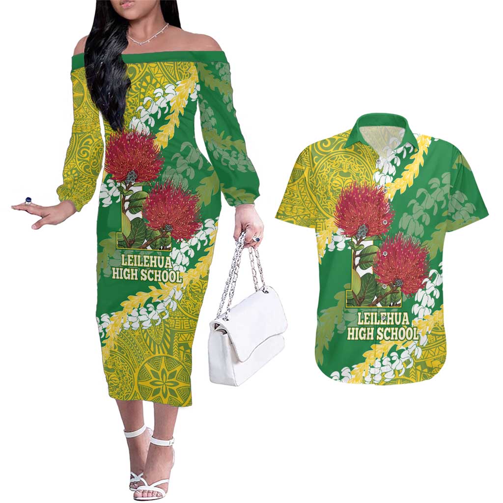 Personalized Leilehua Hawaii High School Couples Matching Off The Shoulder Long Sleeve Dress and Hawaiian Shirt Puakenikeni Lei Hawaiian Pattern LT14 Green - Polynesian Pride