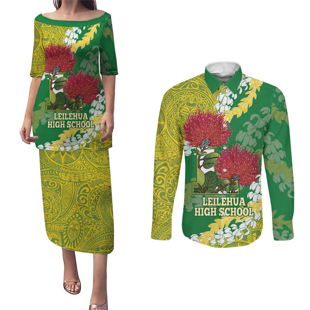 Personalized Leilehua Hawaii High School Couples Matching Puletasi and Long Sleeve Button Shirt Puakenikeni Lei Hawaiian Pattern - Polynesian Pride