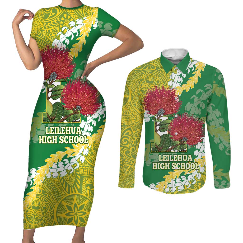 Personalized Leilehua Hawaii High School Couples Matching Short Sleeve Bodycon Dress and Long Sleeve Button Shirt Puakenikeni Lei Hawaiian Pattern LT14 Green - Polynesian Pride
