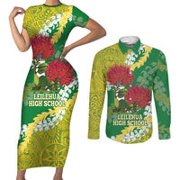 Personalized Leilehua Hawaii High School Couples Matching Short Sleeve Bodycon Dress and Long Sleeve Button Shirt Puakenikeni Lei Hawaiian Pattern LT14 Green - Polynesian Pride