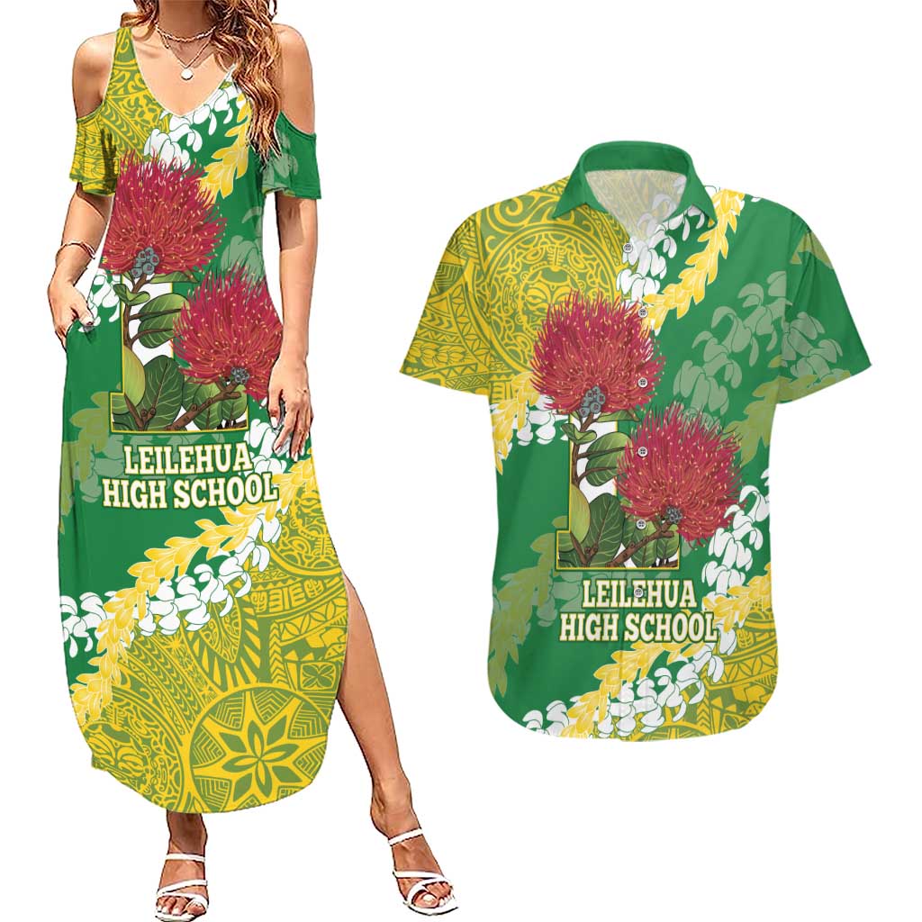 Personalized Leilehua Hawaii High School Couples Matching Summer Maxi Dress and Hawaiian Shirt Puakenikeni Lei Hawaiian Pattern LT14 Green - Polynesian Pride