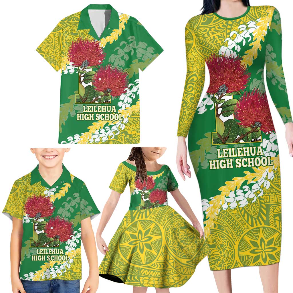 Personalized Leilehua Hawaii High School Family Matching Long Sleeve Bodycon Dress and Hawaiian Shirt Puakenikeni Lei Hawaiian Pattern LT14 - Polynesian Pride