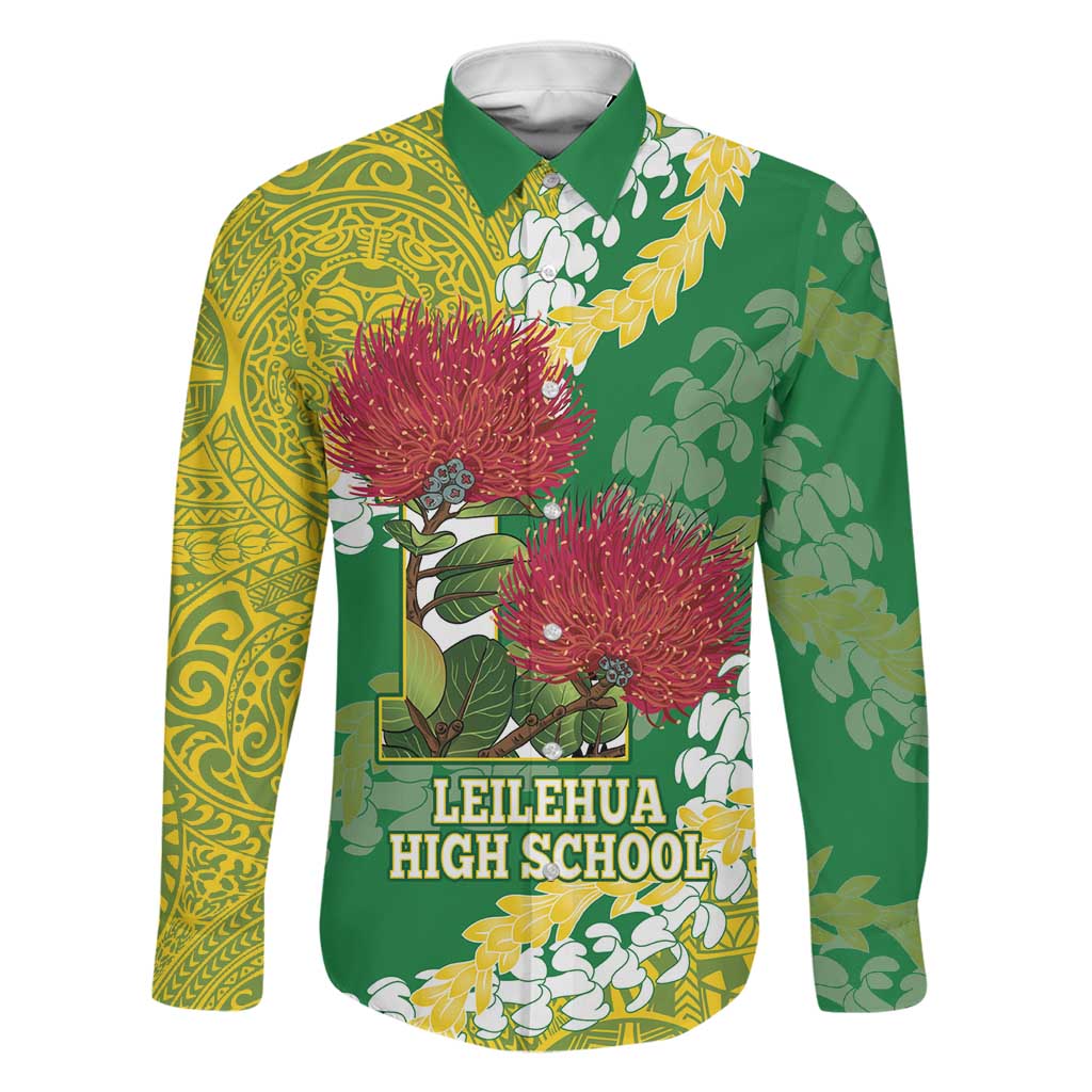 Personalized Leilehua Hawaii High School Family Matching Long Sleeve Bodycon Dress and Hawaiian Shirt Puakenikeni Lei Hawaiian Pattern LT14 Dad's Shirt - Long Sleeve Green - Polynesian Pride