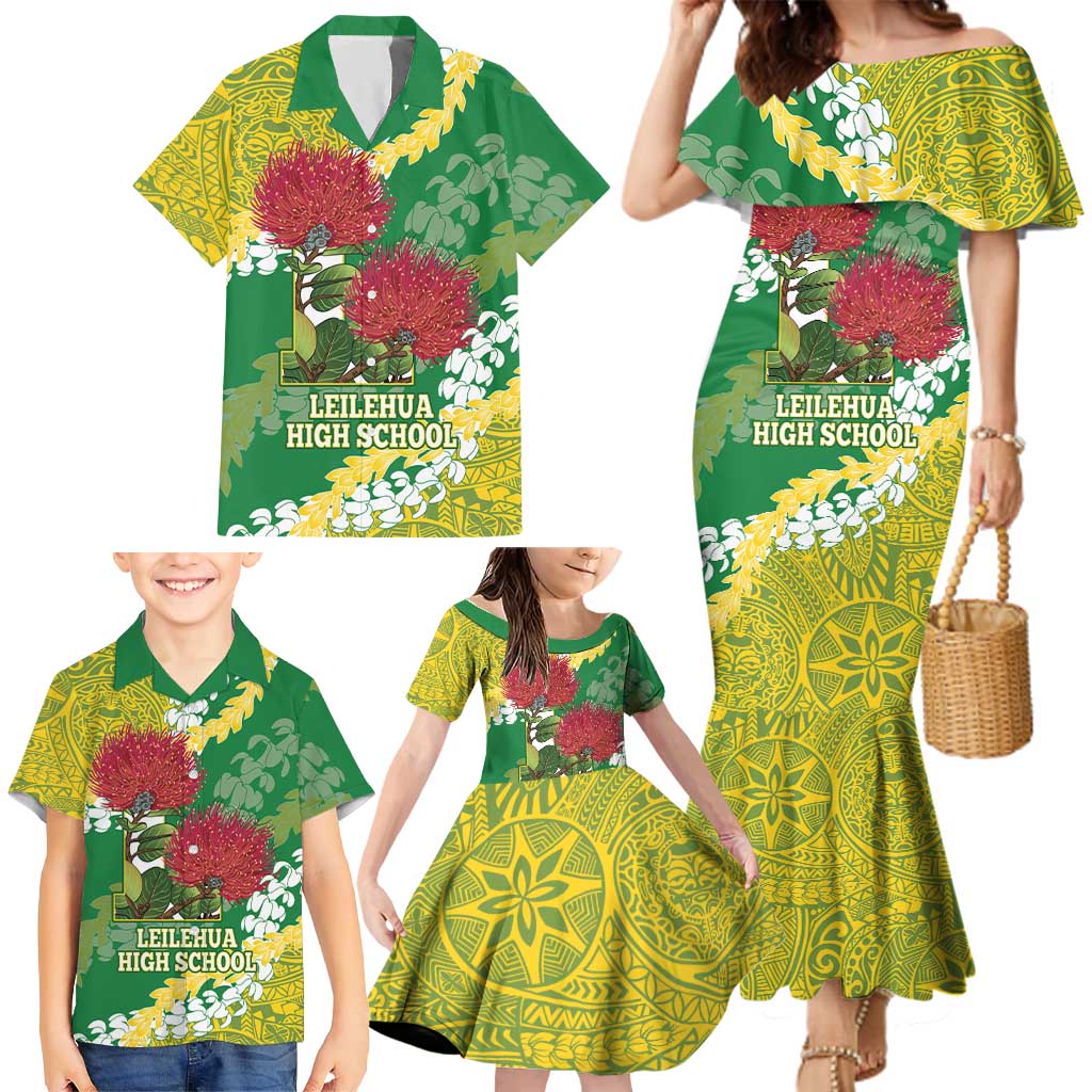 Personalized Leilehua Hawaii High School Family Matching Mermaid Dress and Hawaiian Shirt Puakenikeni Lei Hawaiian Pattern LT14 - Polynesian Pride
