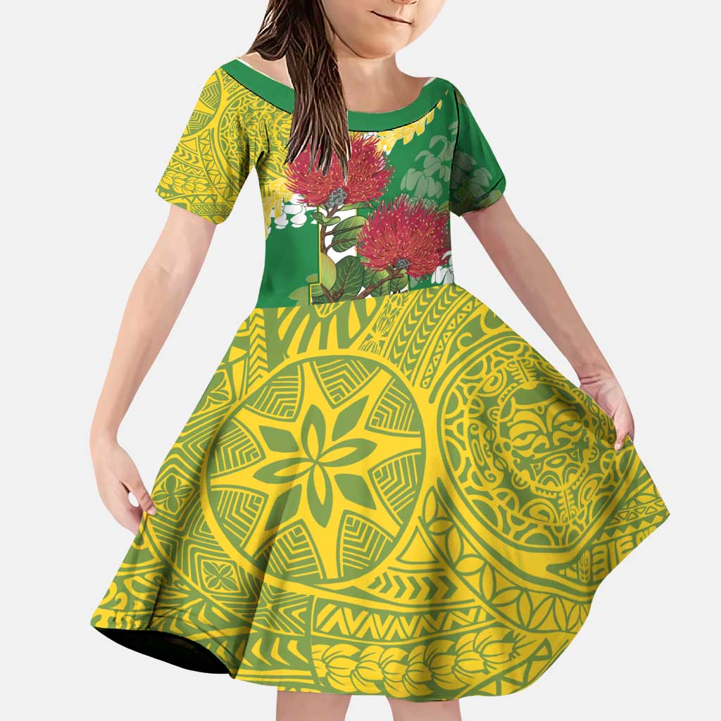 Personalized Leilehua Hawaii High School Family Matching Off The Shoulder Long Sleeve Dress and Hawaiian Shirt Puakenikeni Lei Hawaiian Pattern LT14 Daughter's Dress Green - Polynesian Pride