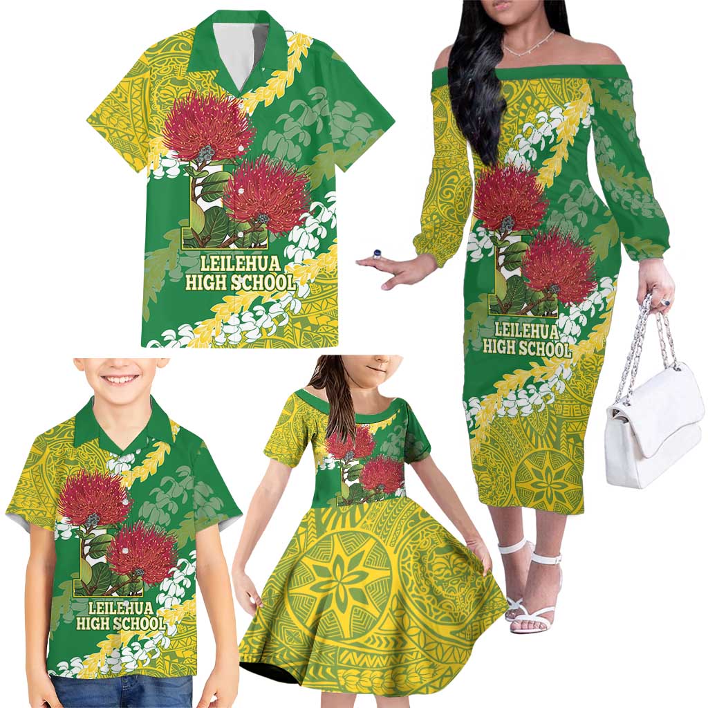 Personalized Leilehua Hawaii High School Family Matching Off The Shoulder Long Sleeve Dress and Hawaiian Shirt Puakenikeni Lei Hawaiian Pattern LT14 - Polynesian Pride
