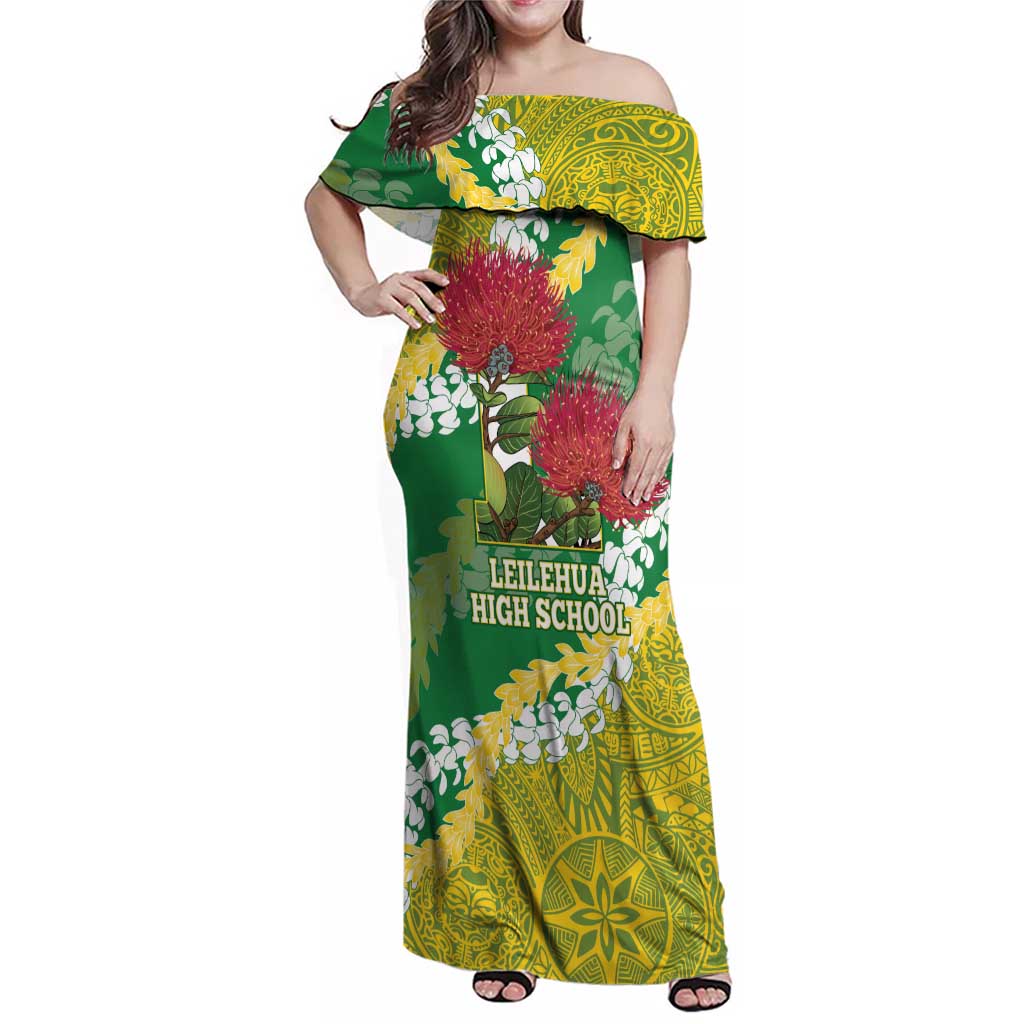 Personalized Leilehua Hawaii High School Family Matching Off Shoulder Maxi Dress and Hawaiian Shirt Puakenikeni Lei Hawaiian Pattern LT14 Mom's Dress Green - Polynesian Pride