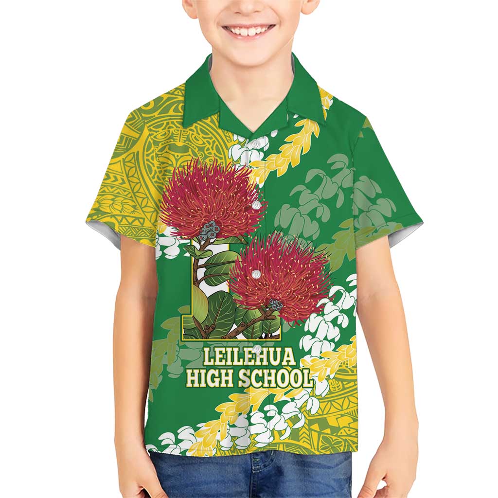 Personalized Leilehua Hawaii High School Family Matching Off Shoulder Maxi Dress and Hawaiian Shirt Puakenikeni Lei Hawaiian Pattern LT14 Son's Shirt Green - Polynesian Pride
