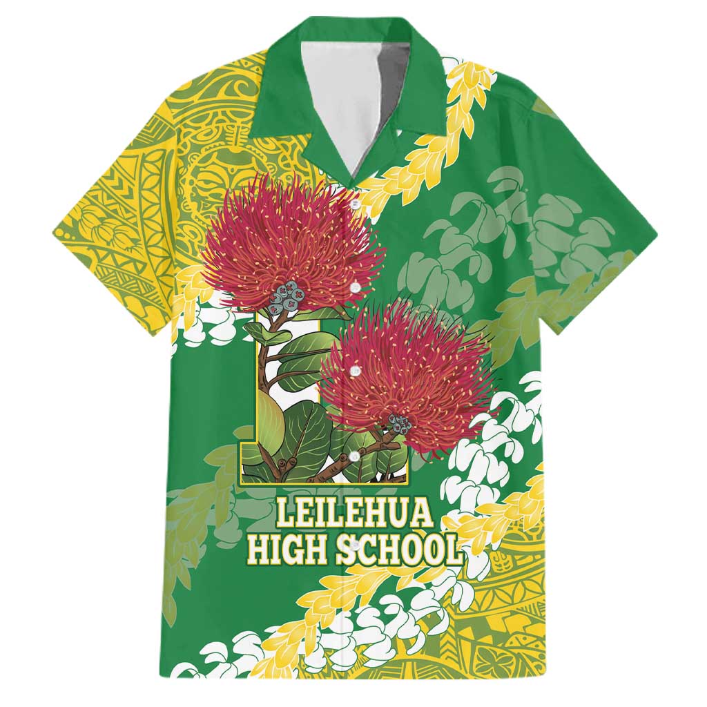 Personalized Leilehua Hawaii High School Family Matching Summer Maxi Dress and Hawaiian Shirt Puakenikeni Lei Hawaiian Pattern LT14 Dad's Shirt - Short Sleeve Green - Polynesian Pride