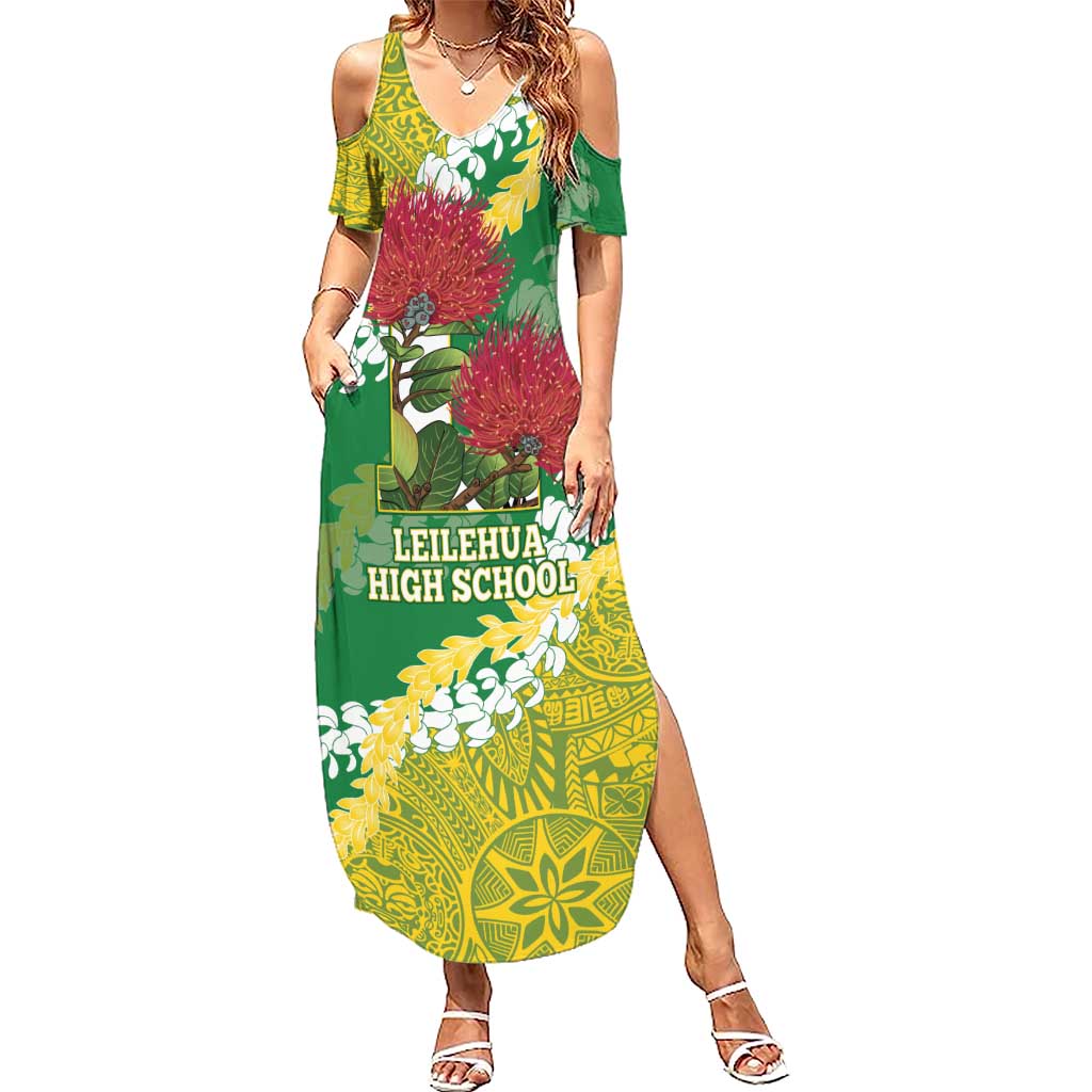 Personalized Leilehua Hawaii High School Family Matching Summer Maxi Dress and Hawaiian Shirt Puakenikeni Lei Hawaiian Pattern LT14 Mom's Dress Green - Polynesian Pride